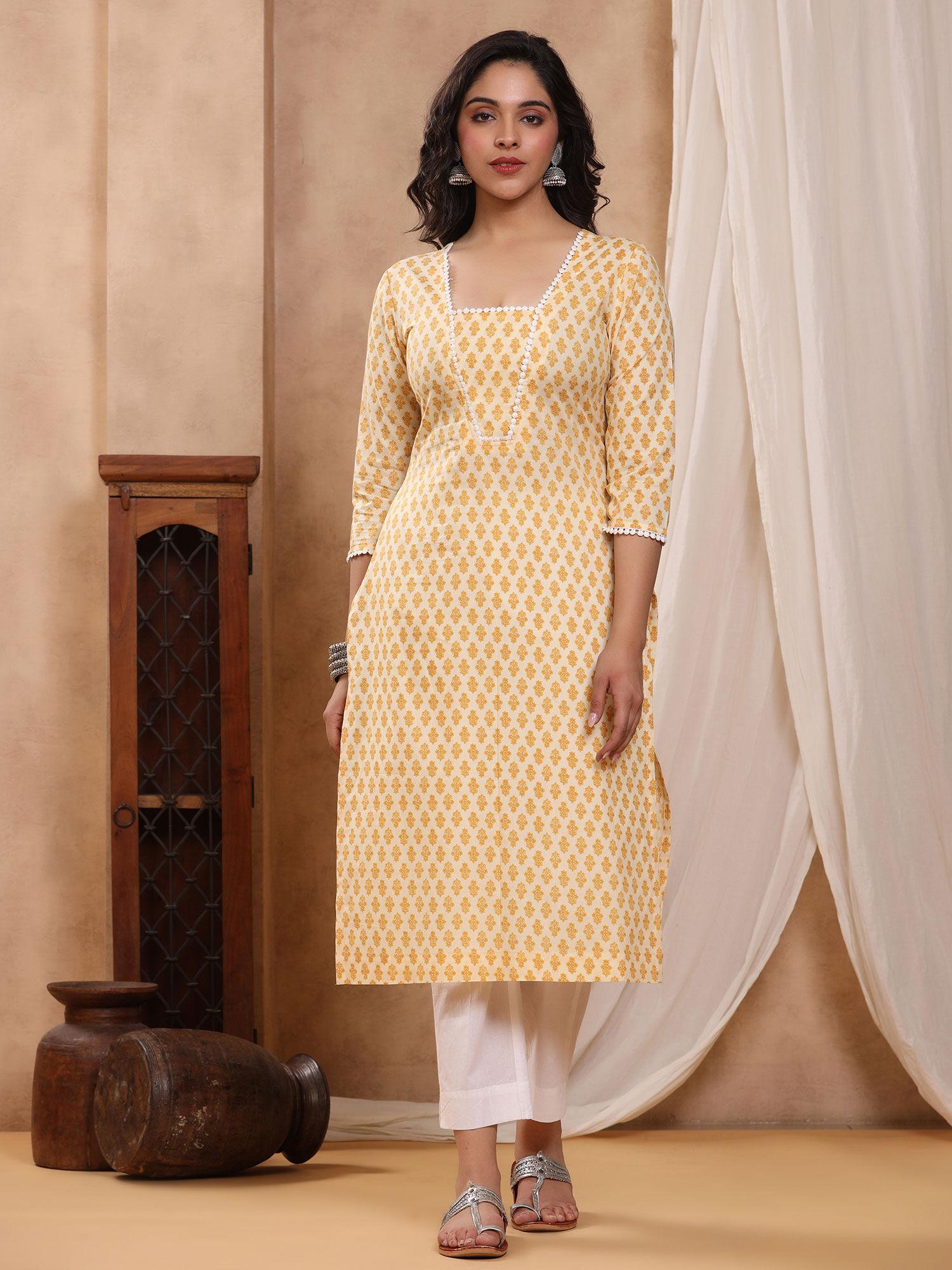 chand mustard block print kurti with crochet lace