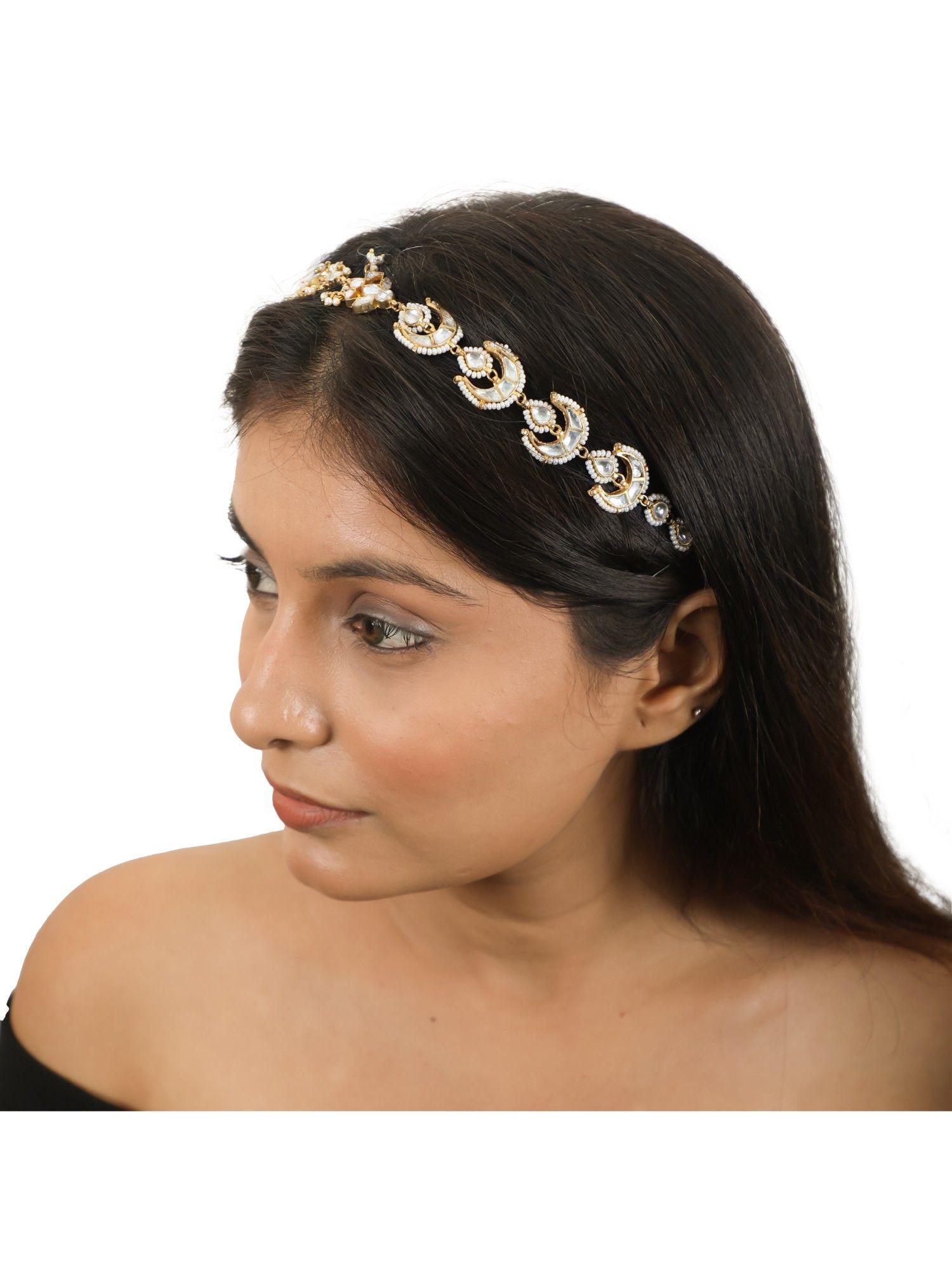 chand shape mathapatti hairband studded with white jadtar stones