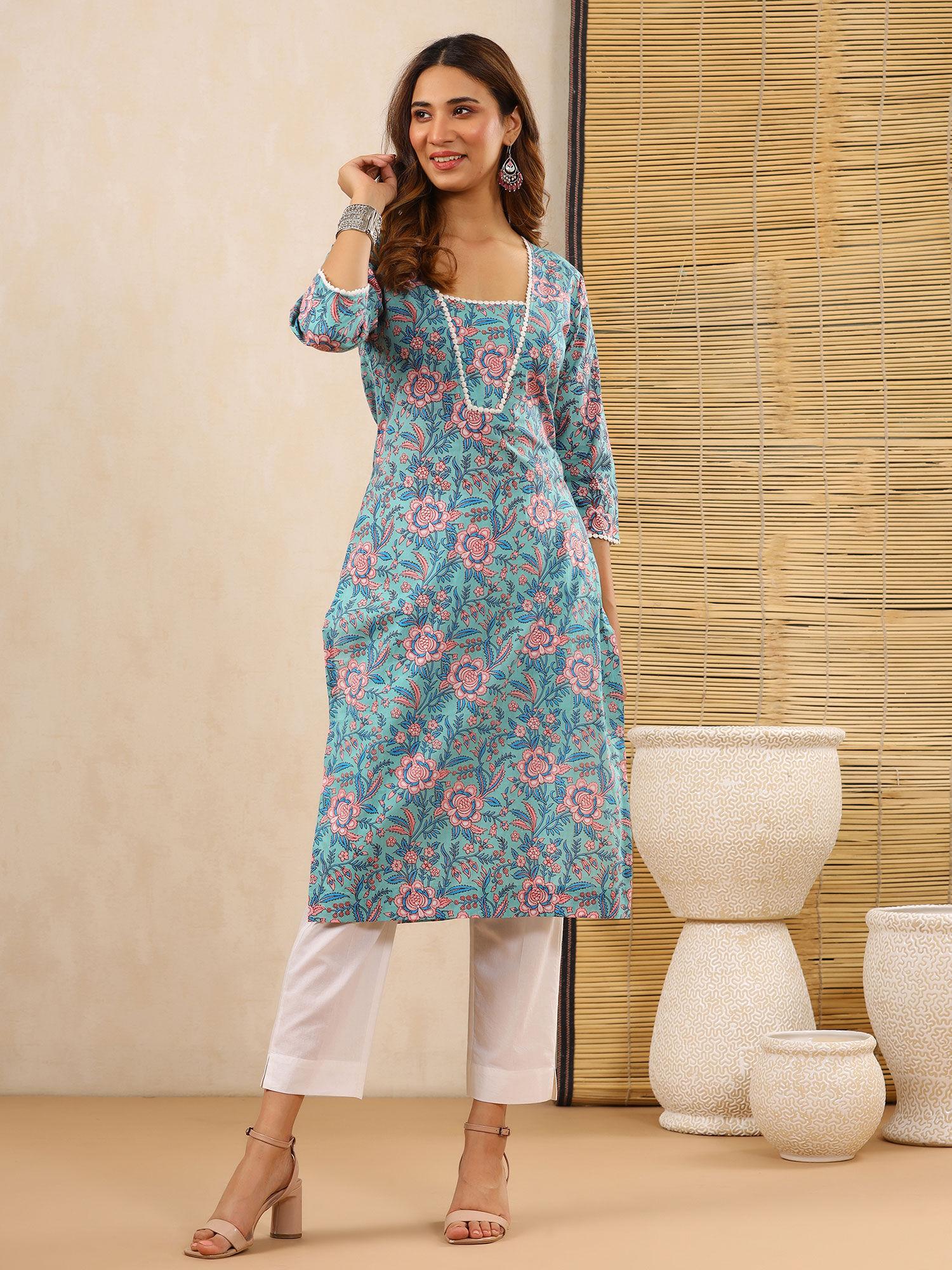 chand teal block print kurti with crochet lace