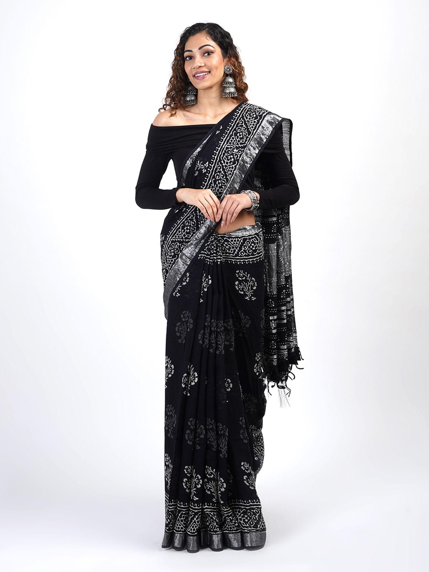 chandani black block print linen saree with unstitched blouse