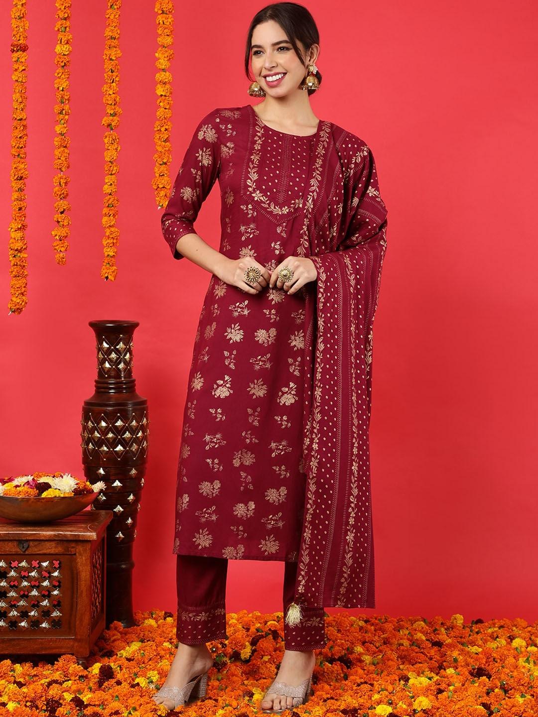 chandbaali floral printed round neck pure cotton straight kurta trousers & with dupatta