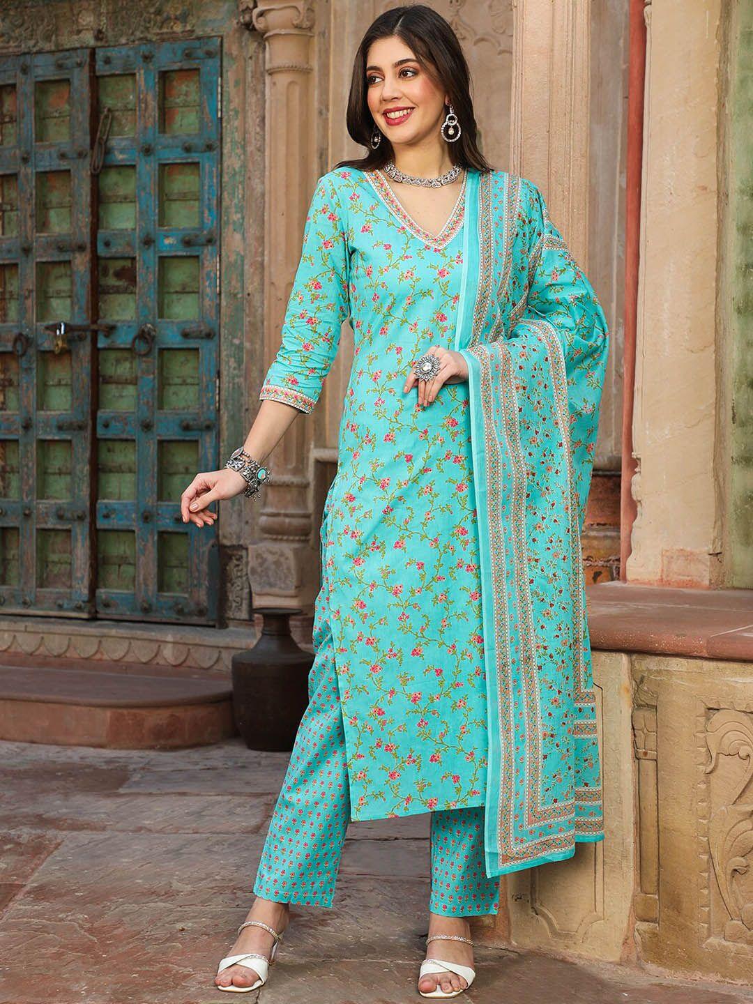 chandbaali floral printed v-neck pure cotton straight kurta with trousers & with dupatta