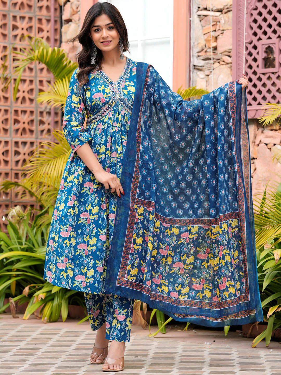 chandbaali women floral printed empire mirror work pure cotton kurta with trousers & with dupatta