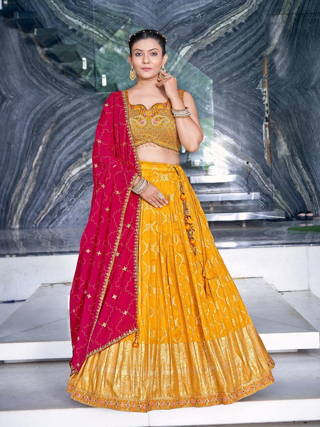 chandbaali yellow & pink embroidered thread work ready to wear lehenga & blouse with dupatta
