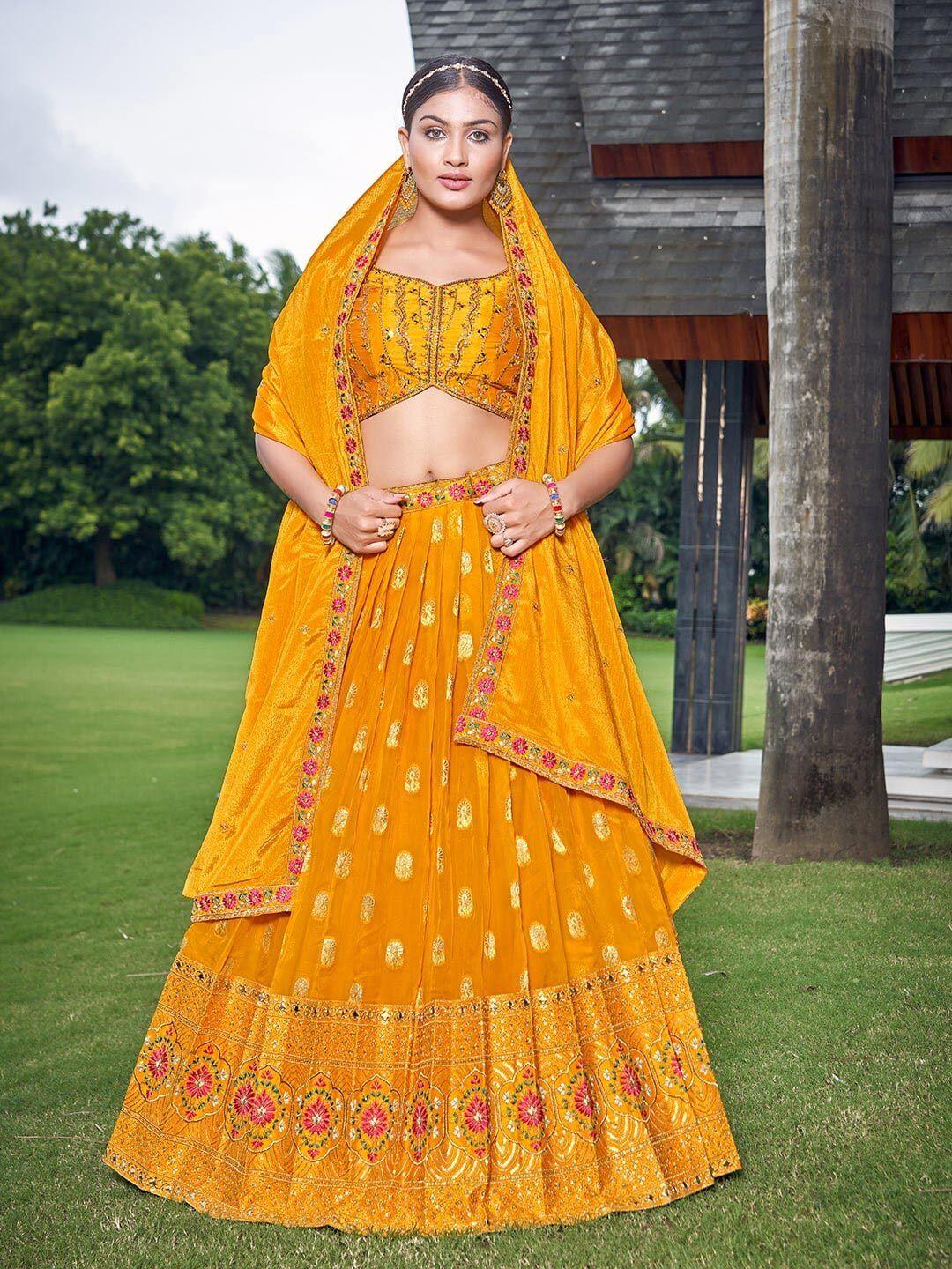 chandbaali yellow & pink embroidered thread work ready to wear lehenga & blouse with dupatta