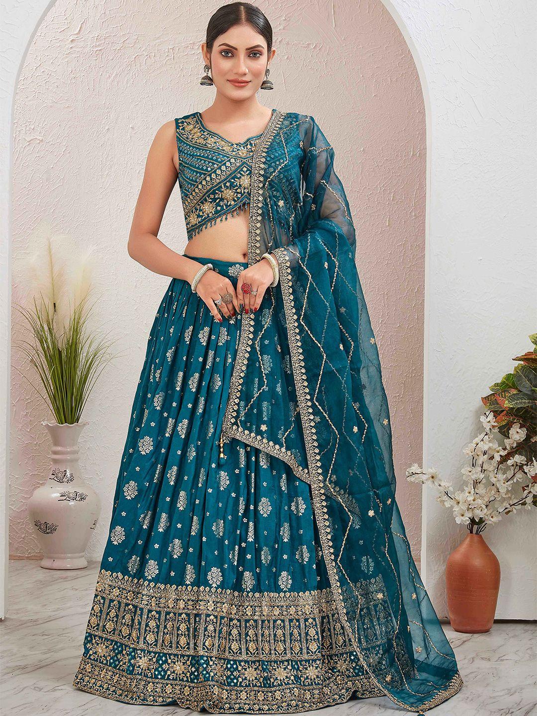 chandbaali blue & gold-toned embroidered thread work ready to wear lehenga & blouse with dupatta