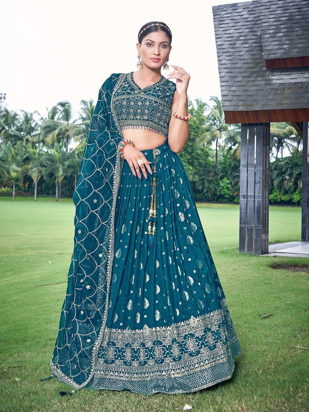 chandbaali blue embroidered mirror work ready to wear lehenga & blouse with dupatta