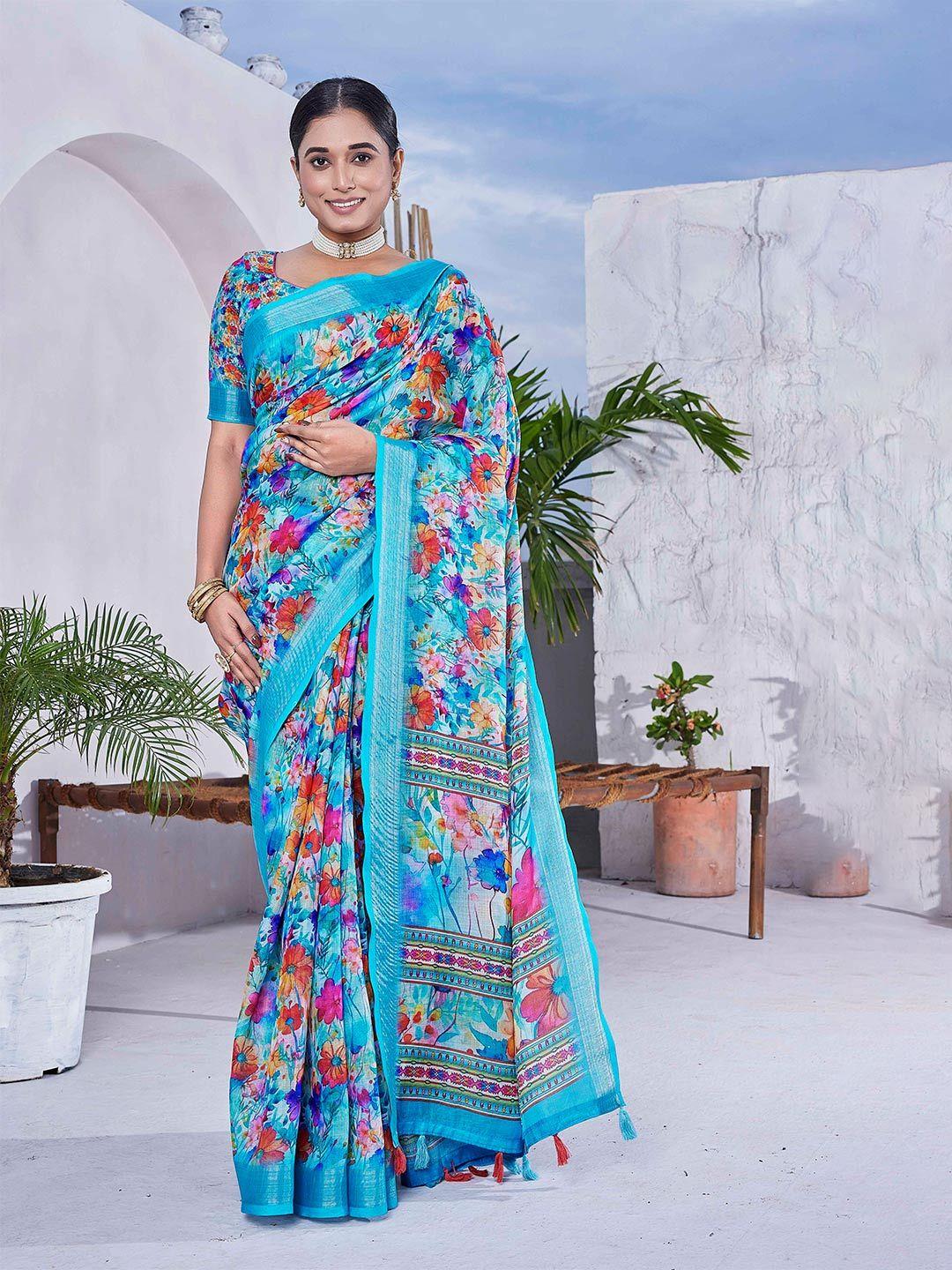 chandbaali blue floral zardozi linen blend designer block print saree