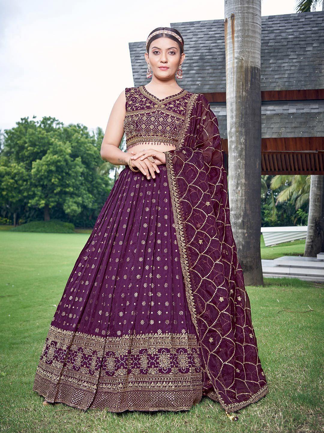 chandbaali burgundy embroidered sequinned ready to wear lehenga & blouse with dupatta