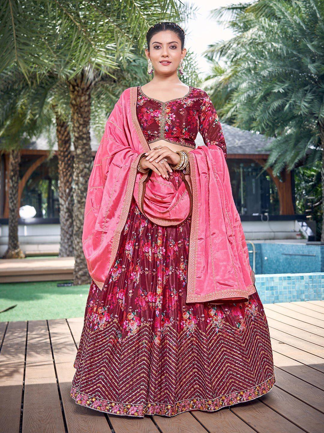 chandbaali coffee brown & pink embroidered thread work ready to wear lehenga & blouse with dupatta