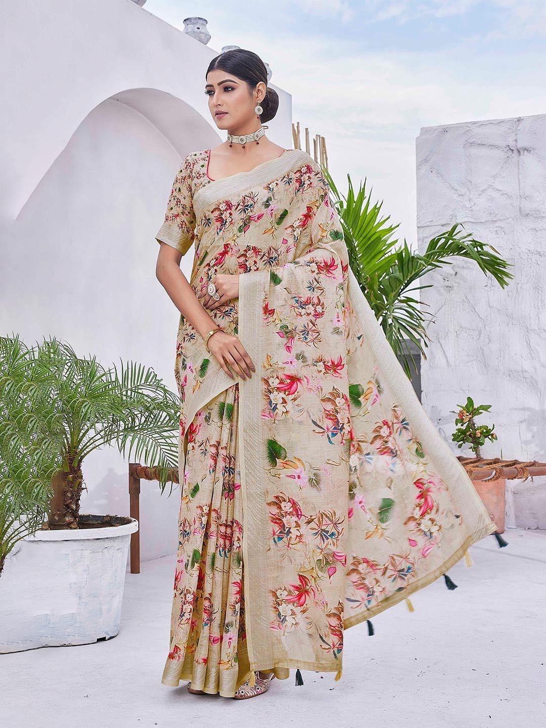 chandbaali cream-coloured floral zardozi linen blend designer block print saree