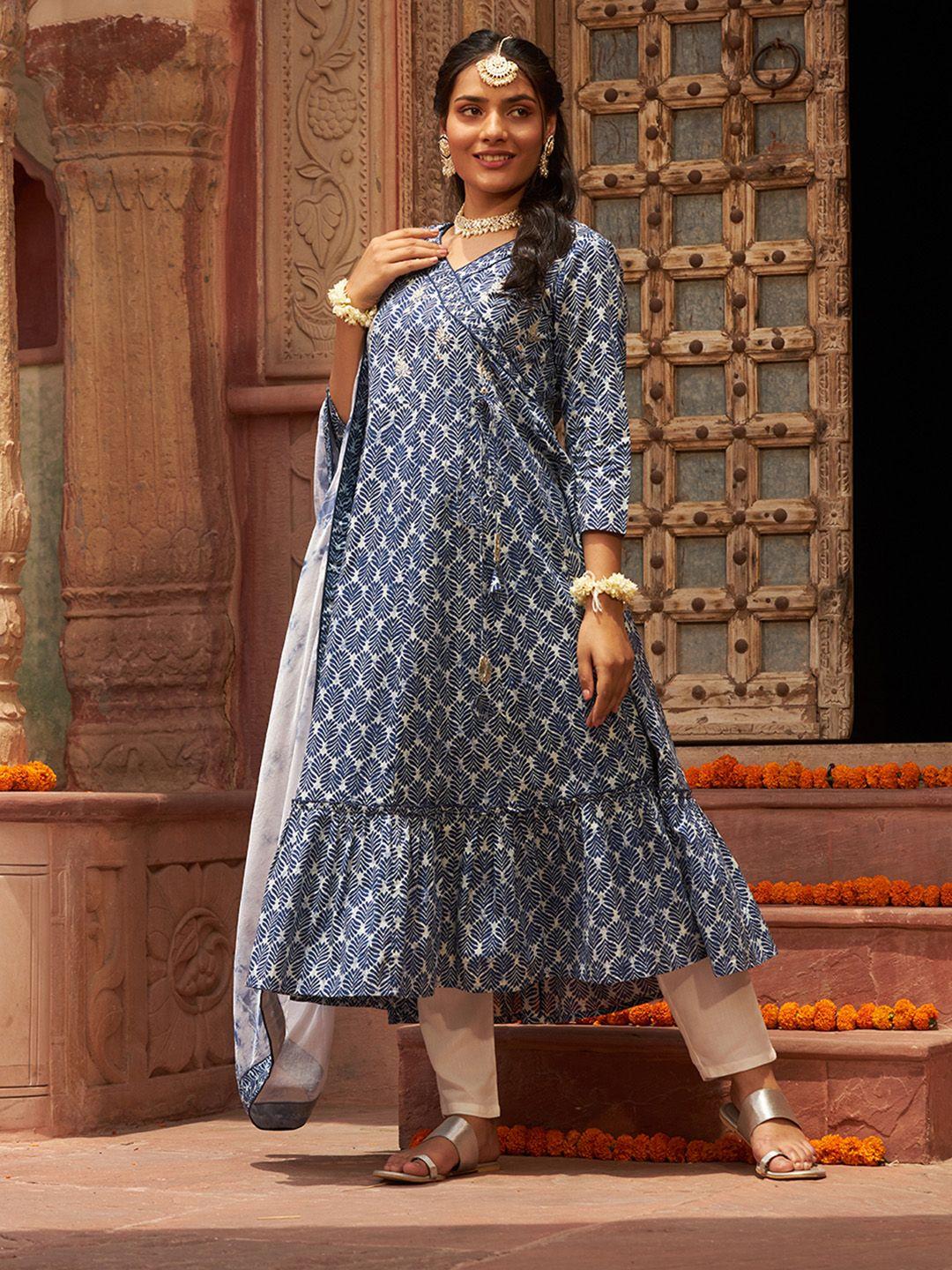 chandbaali ethnic motif printed pure cotton zari kurta with pyjama & dupatta
