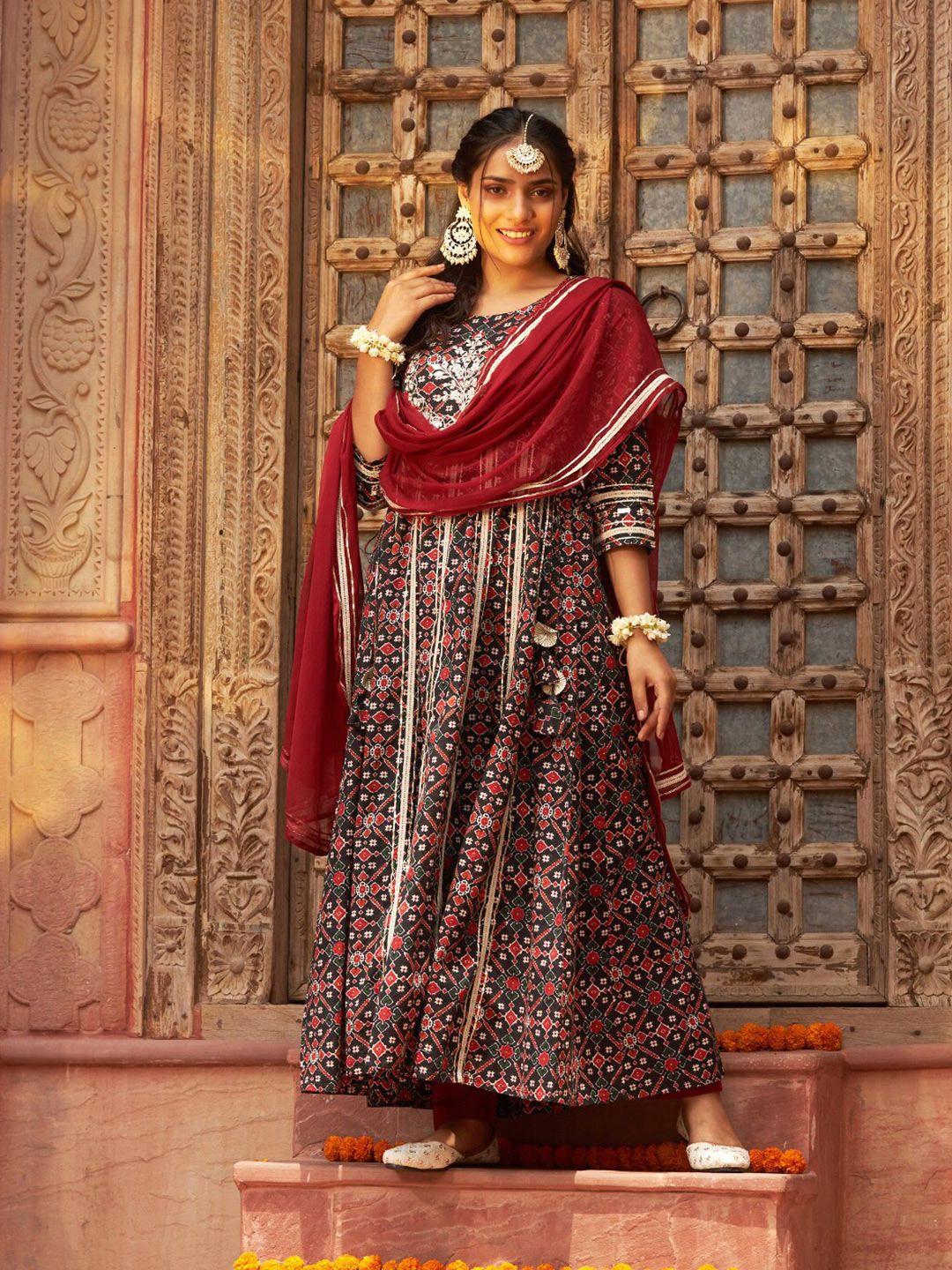 chandbaali ethnic motifs embroidered empire pure cotton kurta with trousers & dupatta