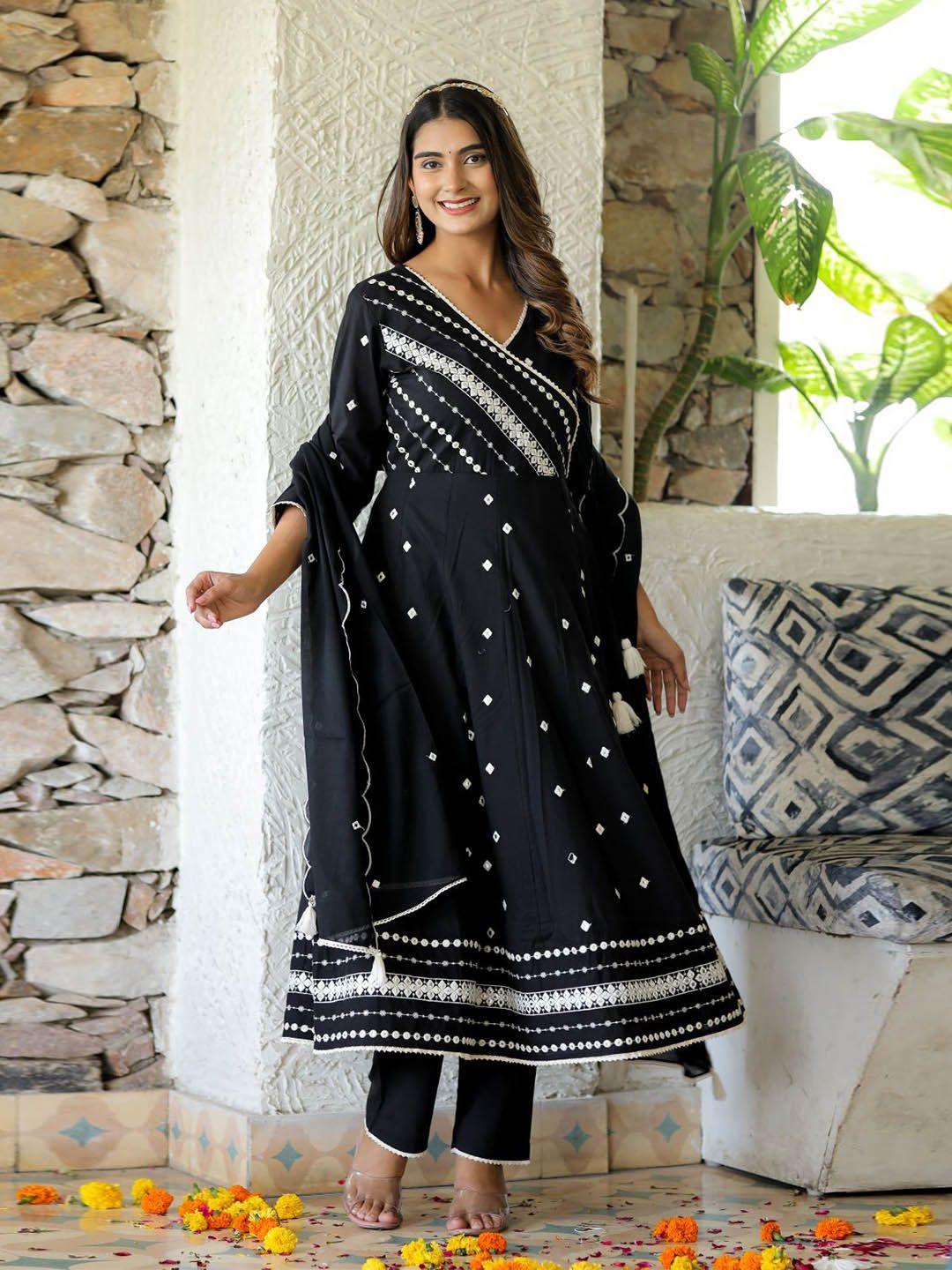 chandbaali ethnic motifs embroidered pure cotton anarkali kurta & trouser with dupatta