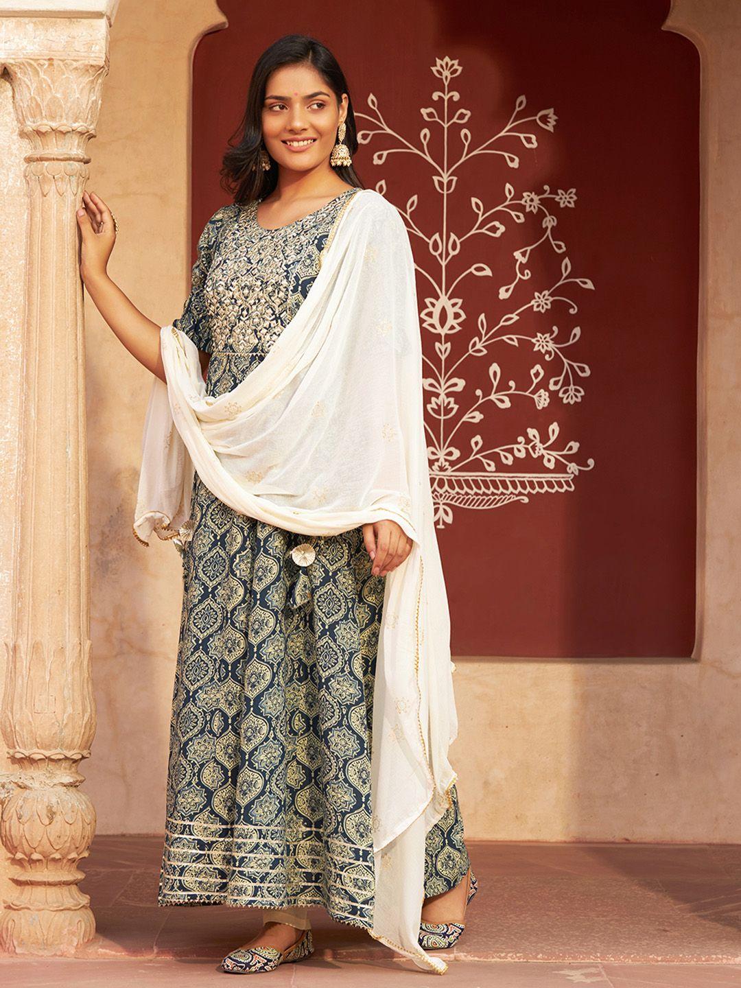 chandbaali ethnic motifs embroidered pure cotton kurta with pyjama & dupatta