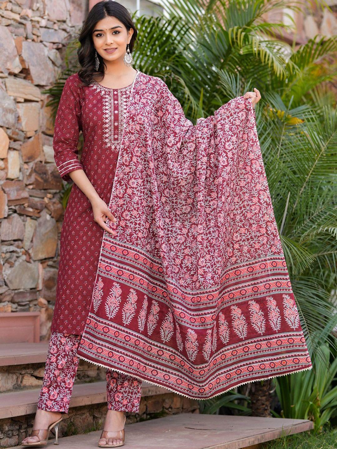 chandbaali ethnic motifs embroidered pure cotton straight kurta with trousers & dupatta