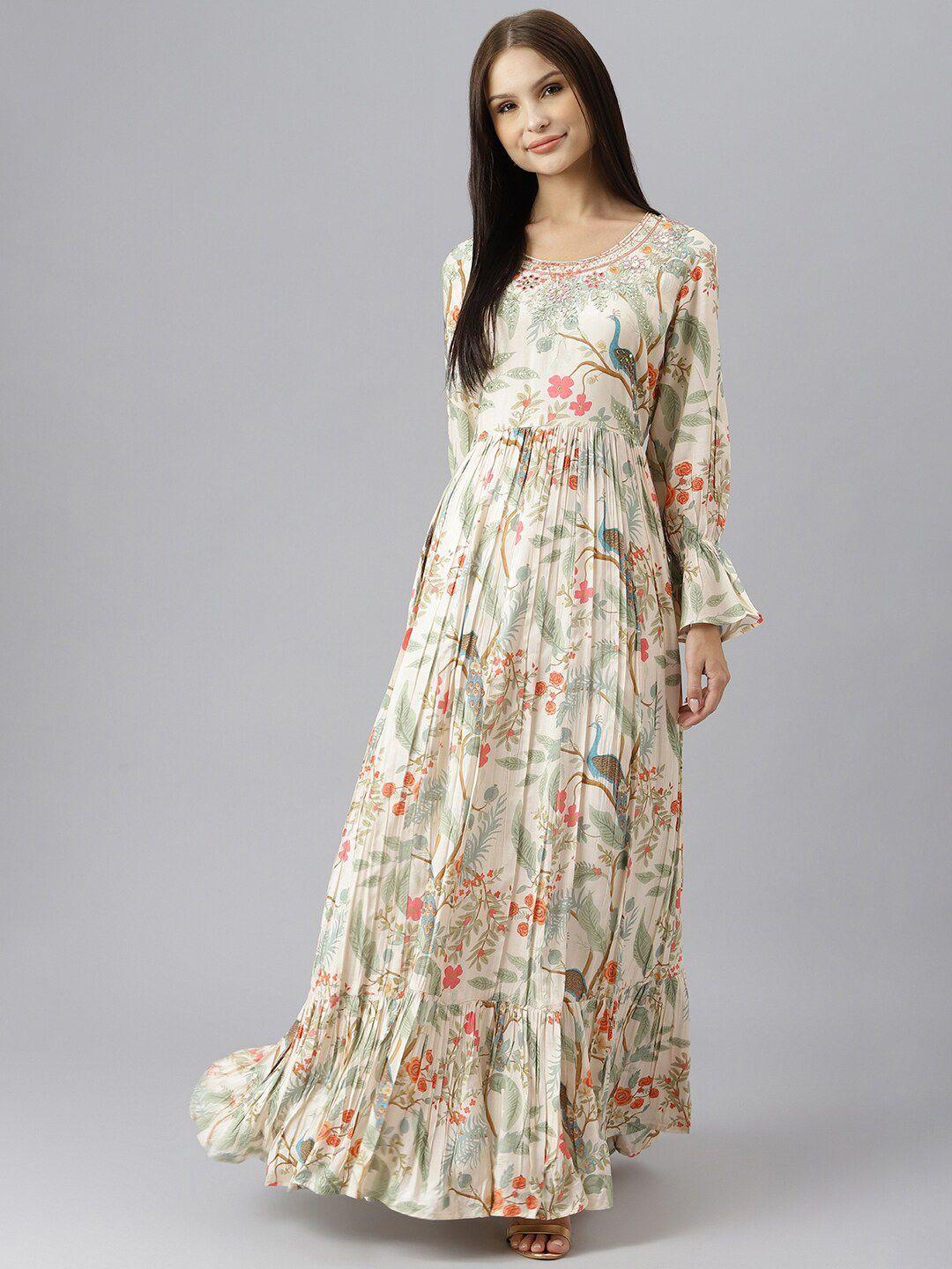 chandbaali floral print bell sleeve satin maxi dress