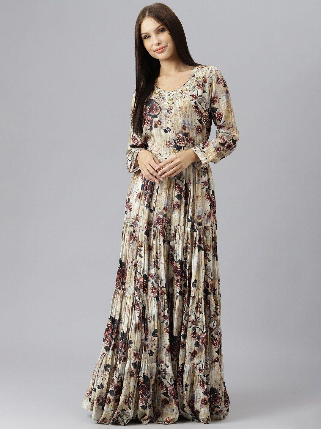 chandbaali floral print satin maxi dress