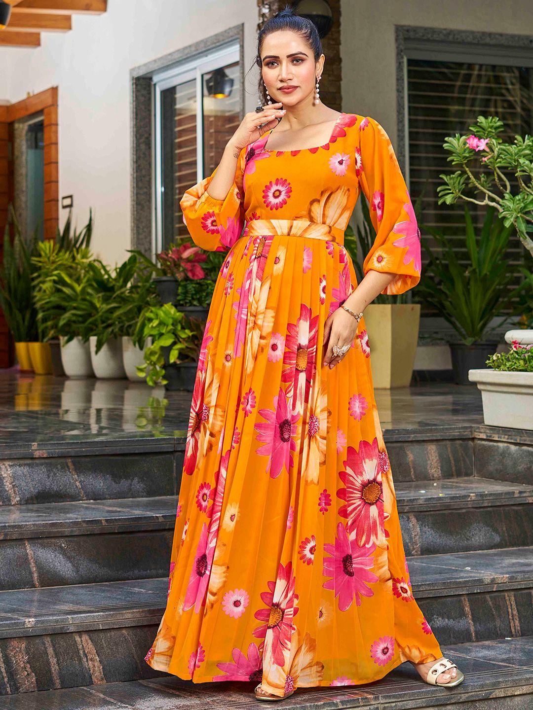 chandbaali floral printed georgette maxi gown with belt