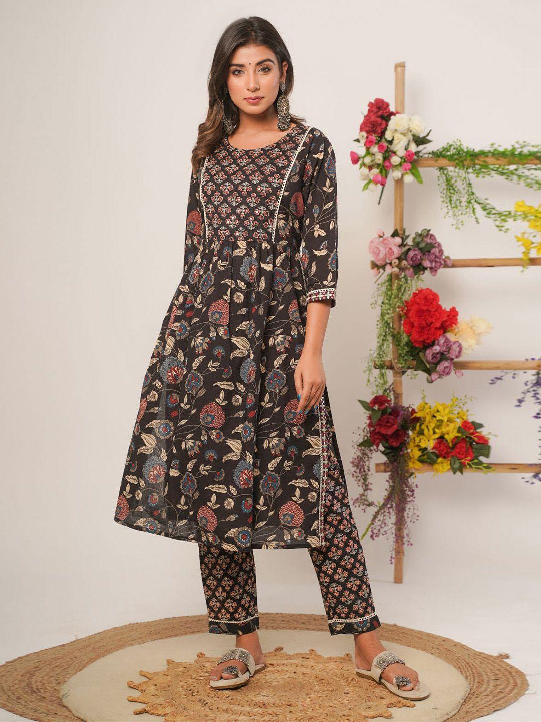 chandbaali floral printed mirror work pure cotton a-line kurta & trouser with dupatta