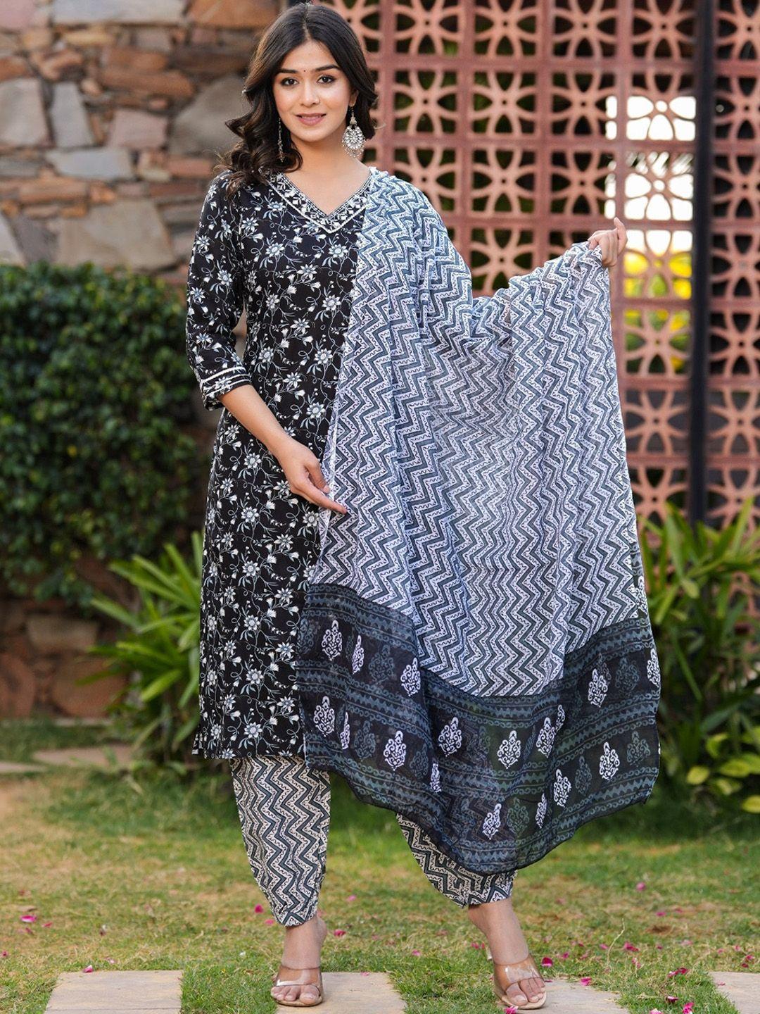 chandbaali floral printed thread work v-neck straight kurta with salwar & dupatta