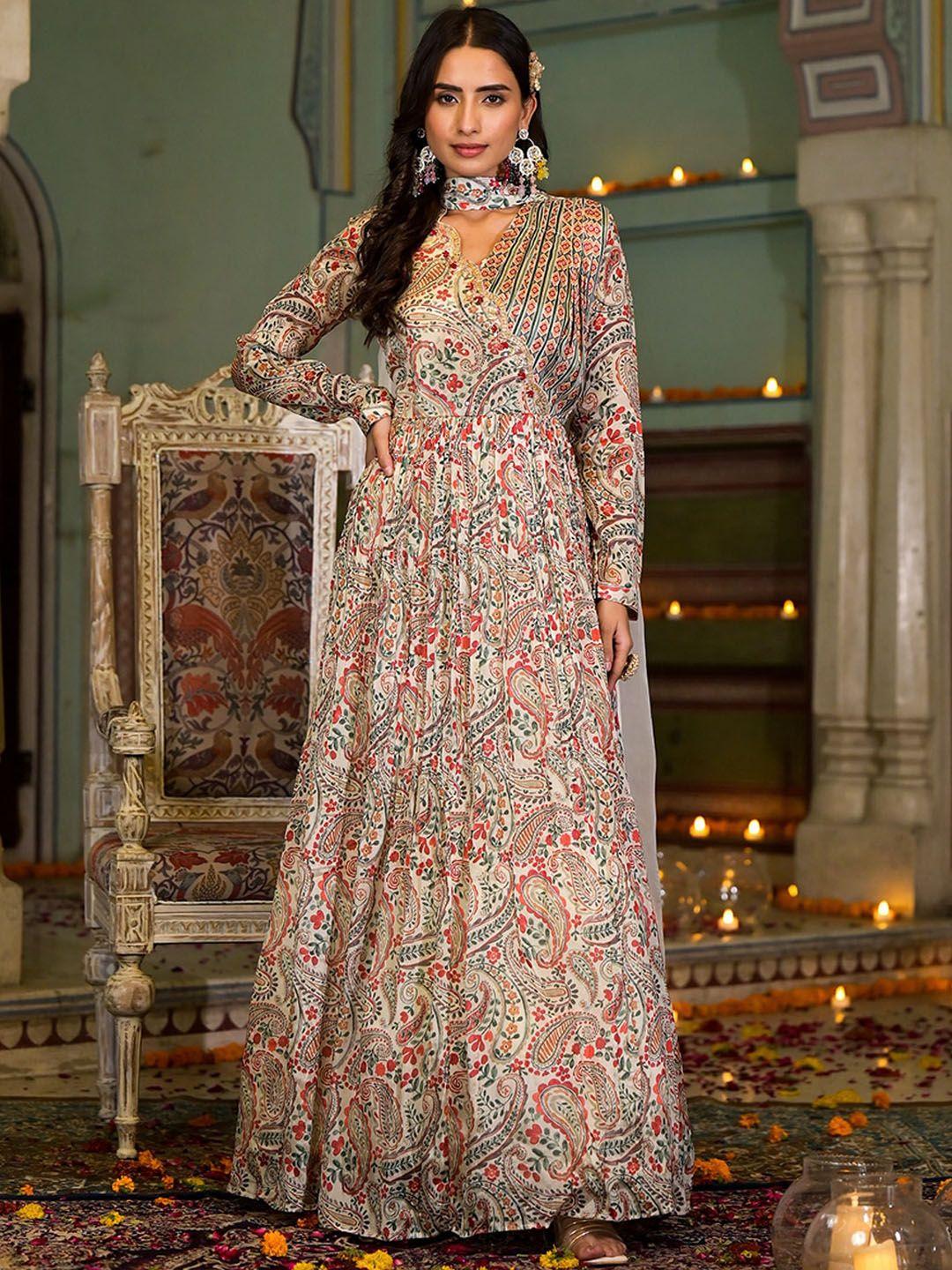 chandbaali floral printed v-neck fit & flared maxi ethnic dress with dupatta