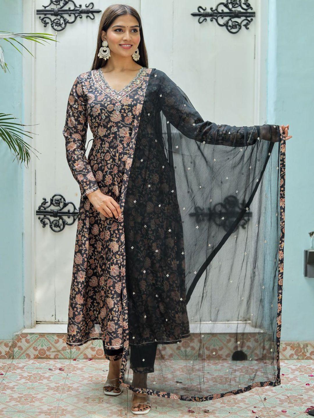 chandbaali floral printed v neck long sleeves kurta with trousers & with dupatta