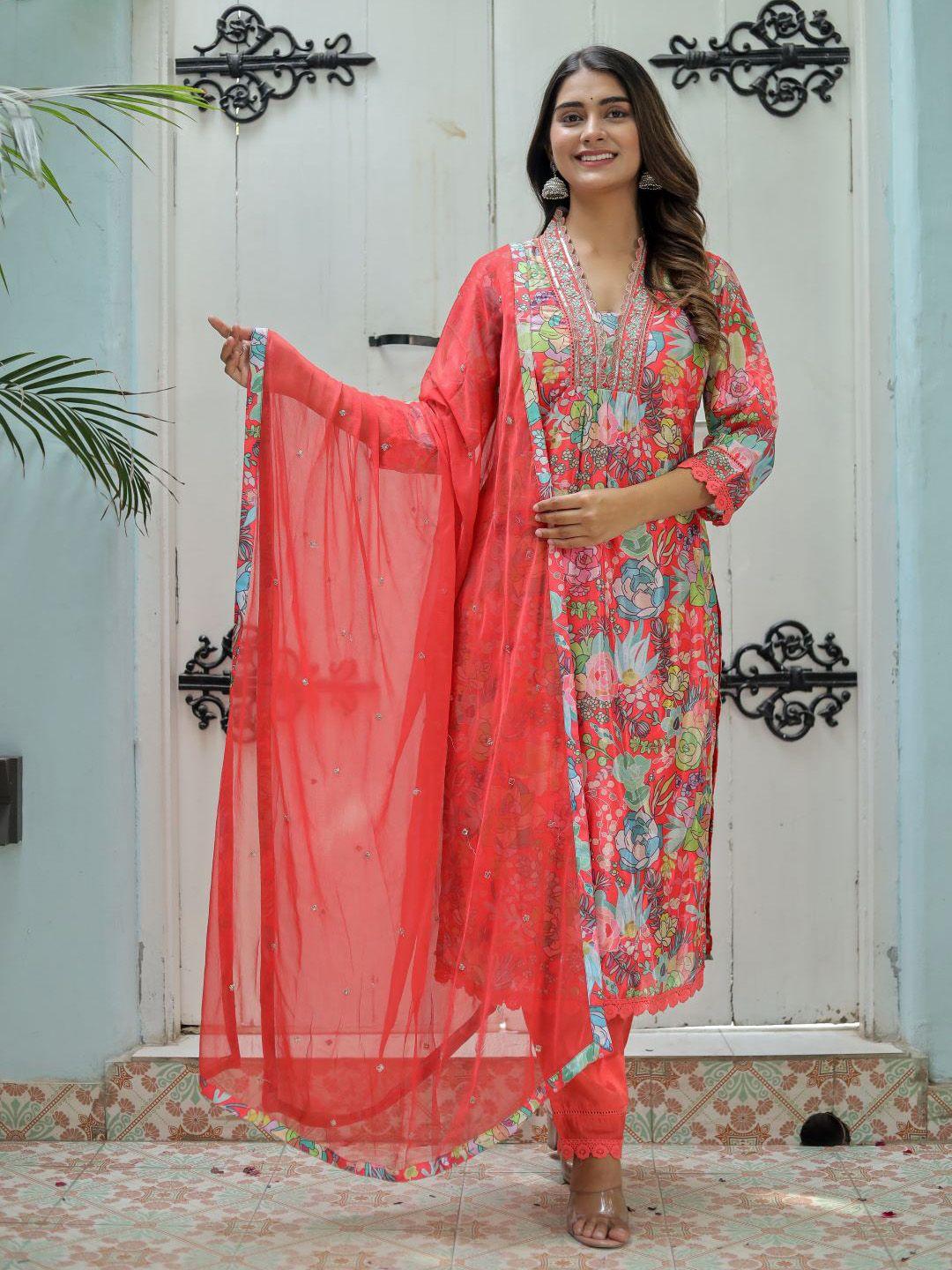 chandbaali floral printed v neck thread work kurta with trousers & with dupatta