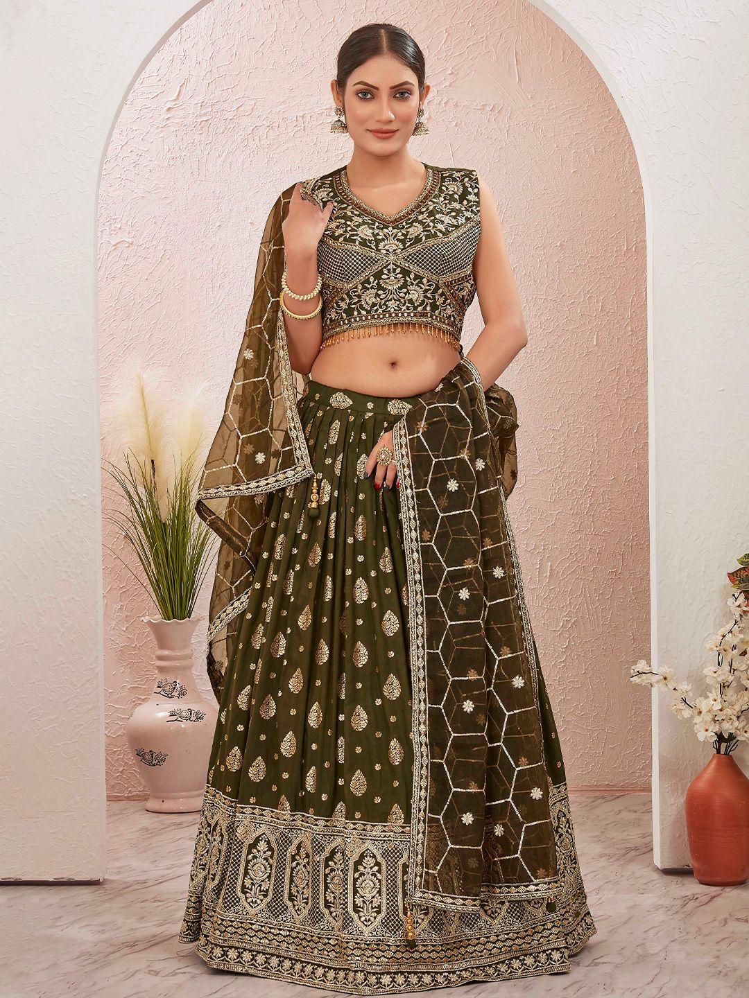 chandbaali green & gold-toned embroidered thread work ready to wear lehenga & blouse with dupatta