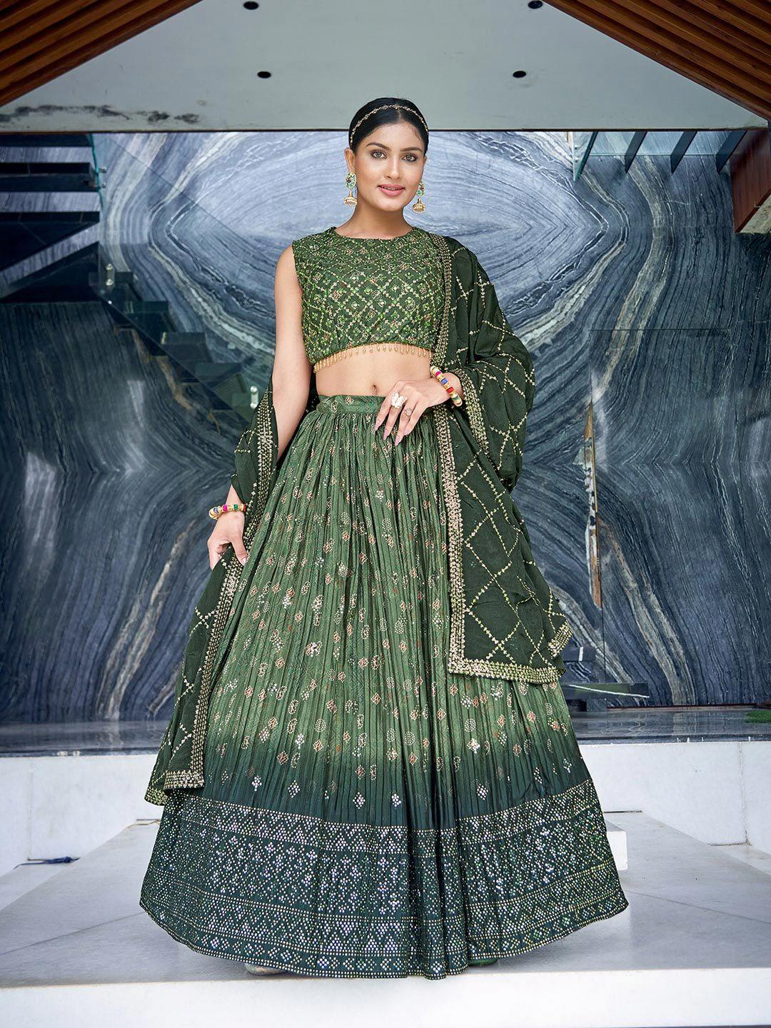 chandbaali green & grey printed mukaish ready to wear lehenga & blouse with dupatta