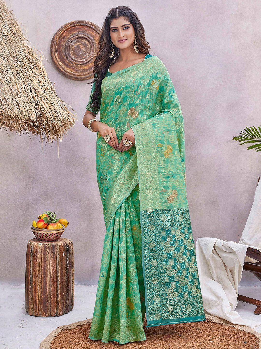 chandbaali green floral zardozi silk blend handloom banarasi saree