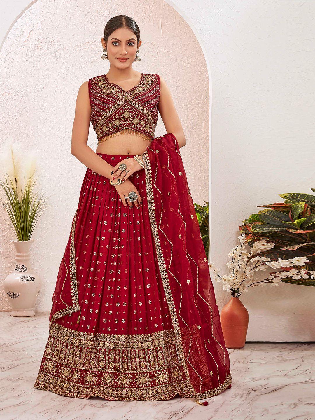 chandbaali maroon & gold-toned embroidered ready to wear lehenga & blouse with dupatta