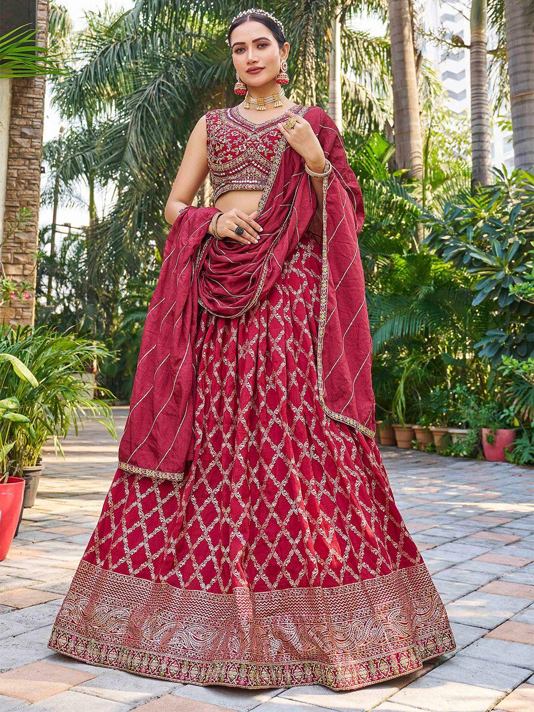 chandbaali maroon & gold-toned embroidered thread work ready to wear lehenga & blouse with dupatta