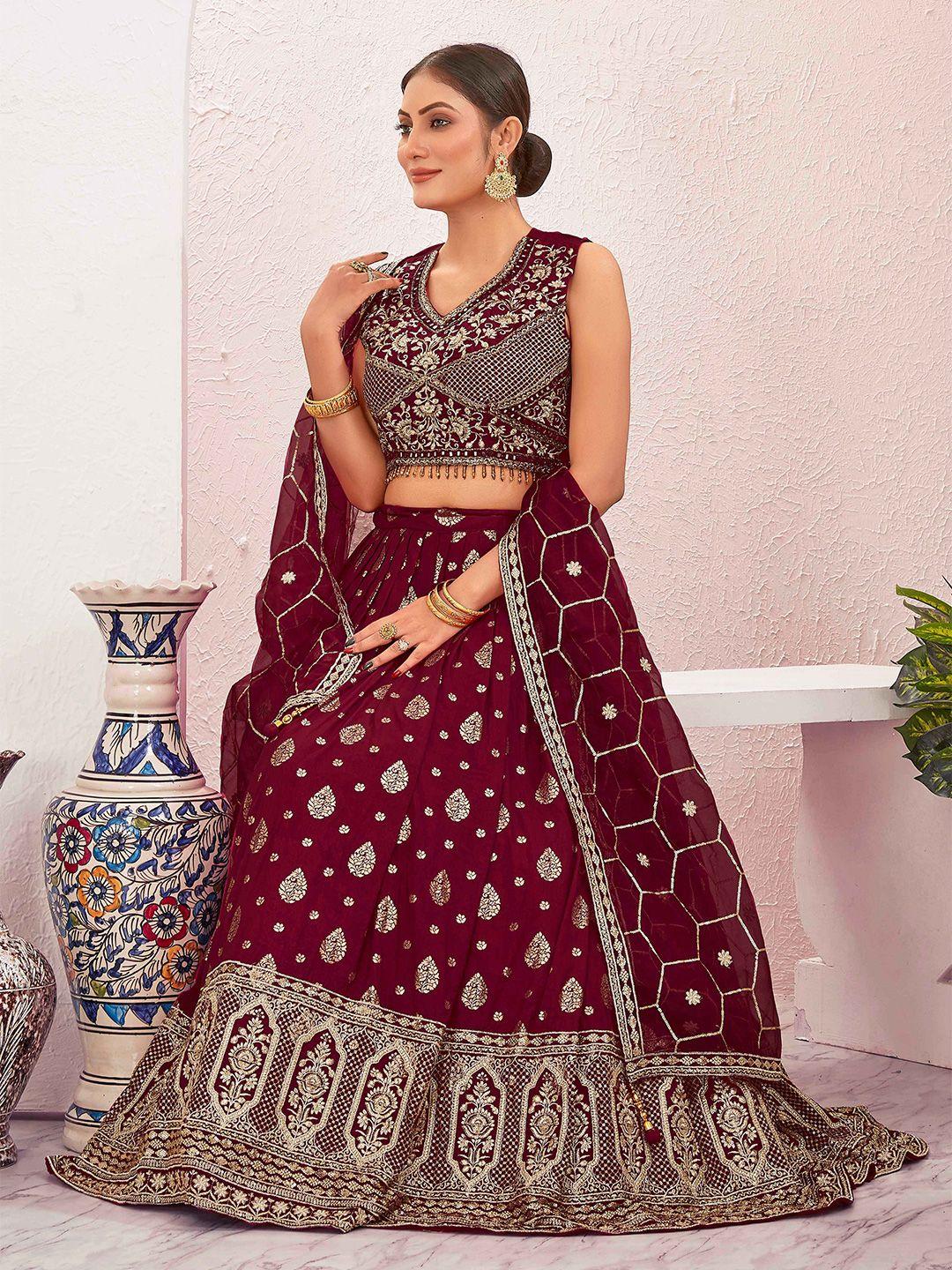 chandbaali maroon & gold-toned embroidered thread work ready to wear lehenga & blouse with dupatta