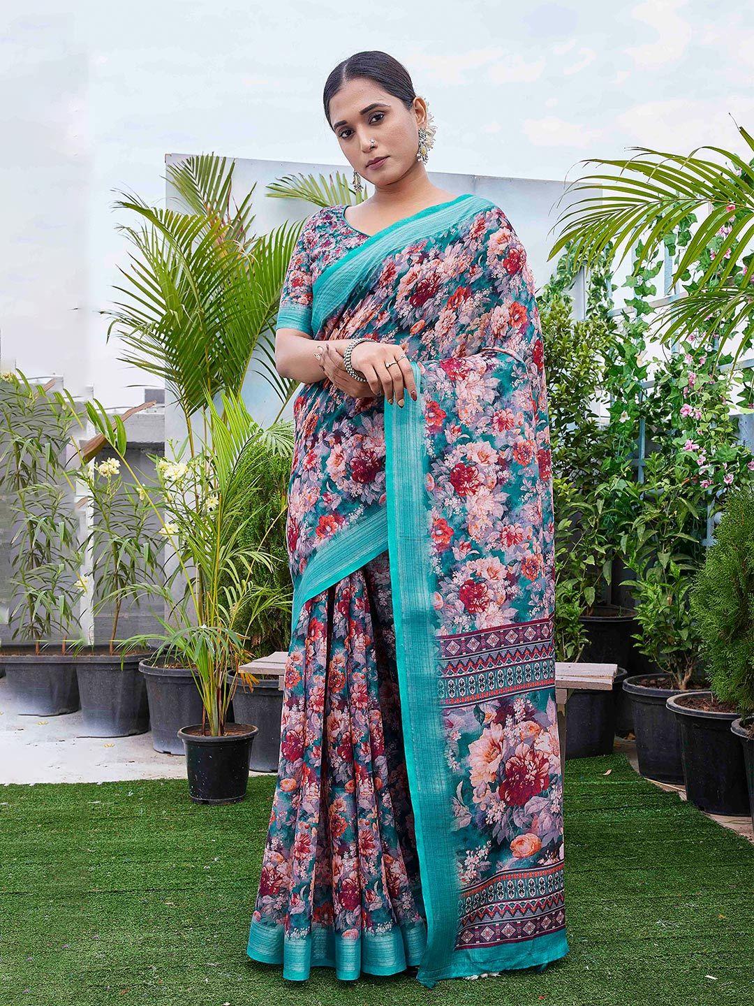 chandbaali multicoloured floral zardozi linen blend designer block print saree