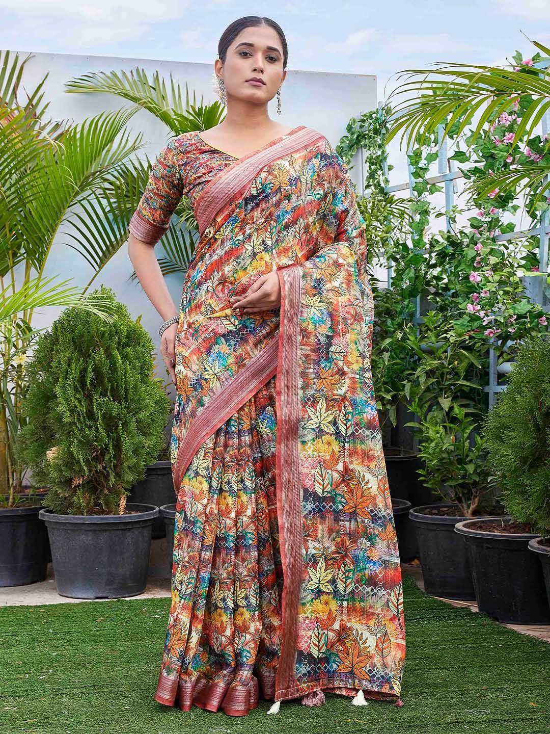 chandbaali multicoloured kalamkari zardozi linen blend designer block print saree