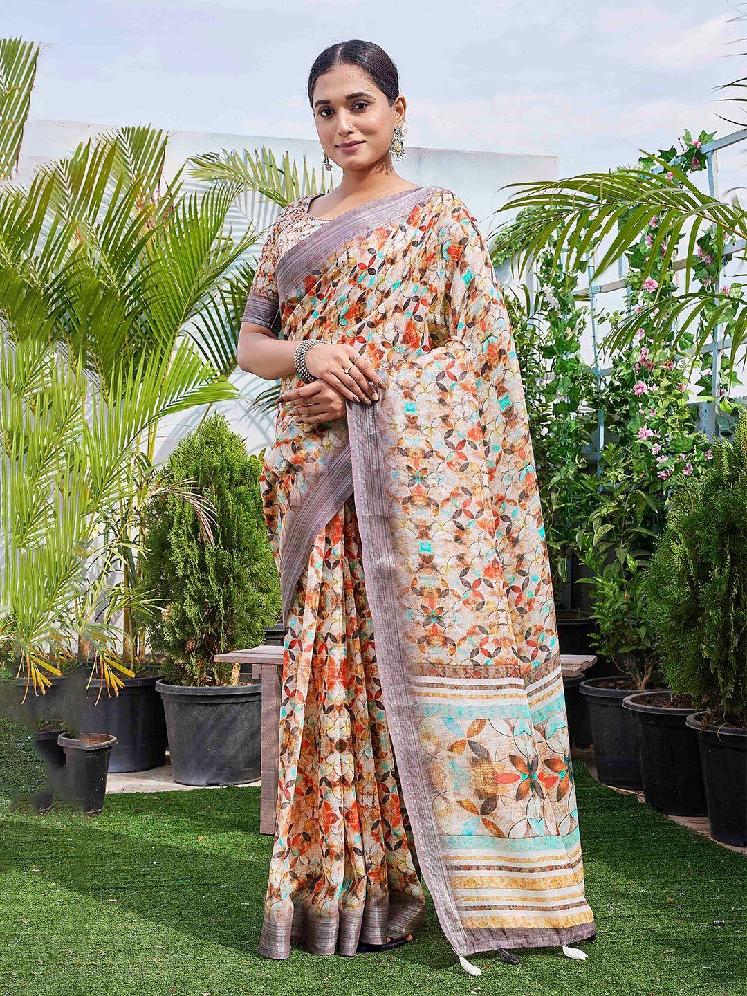 chandbaali multicoloured zardozi linen blend designer block print saree