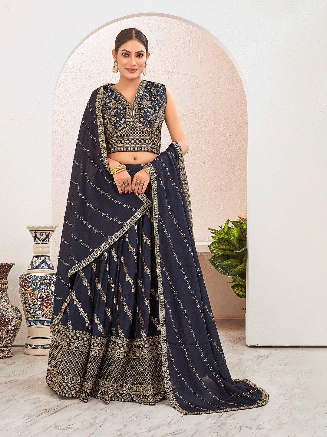 chandbaali navy blue & gold-toned embroidered thread work ready to wear lehenga & blouse with dupatta