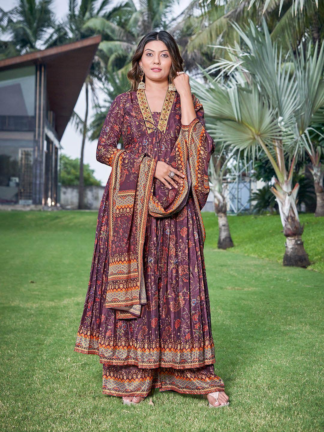 chandbaali paisley printed pleated thread work kurta with palazzo & dupatta