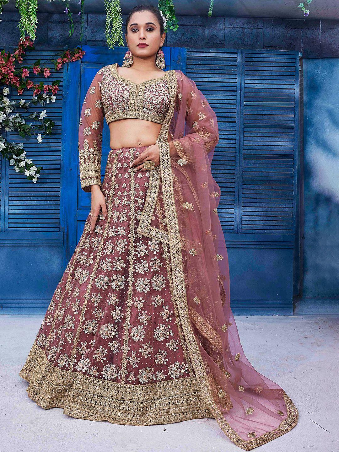 chandbaali peach-coloured & gold-toned embroidered beads and stones block print ready to wear lehenga &