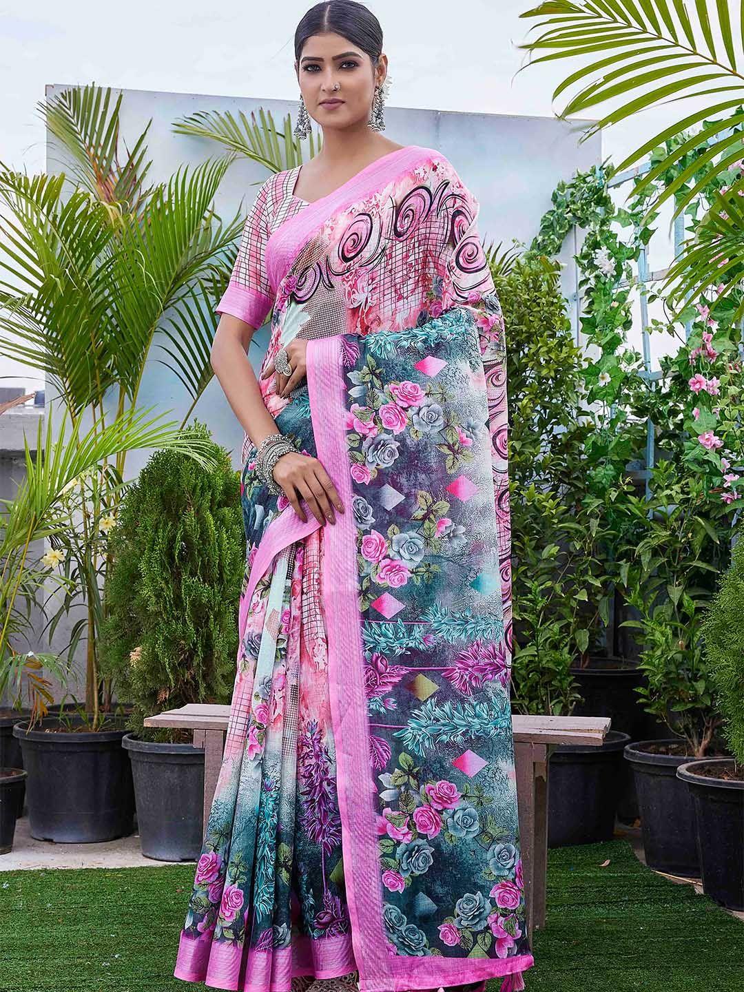chandbaali pink floral zardozi linen blend designer block print saree