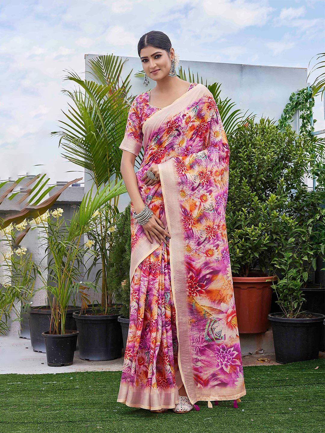 chandbaali pink floral zardozi linen blend designer block print saree