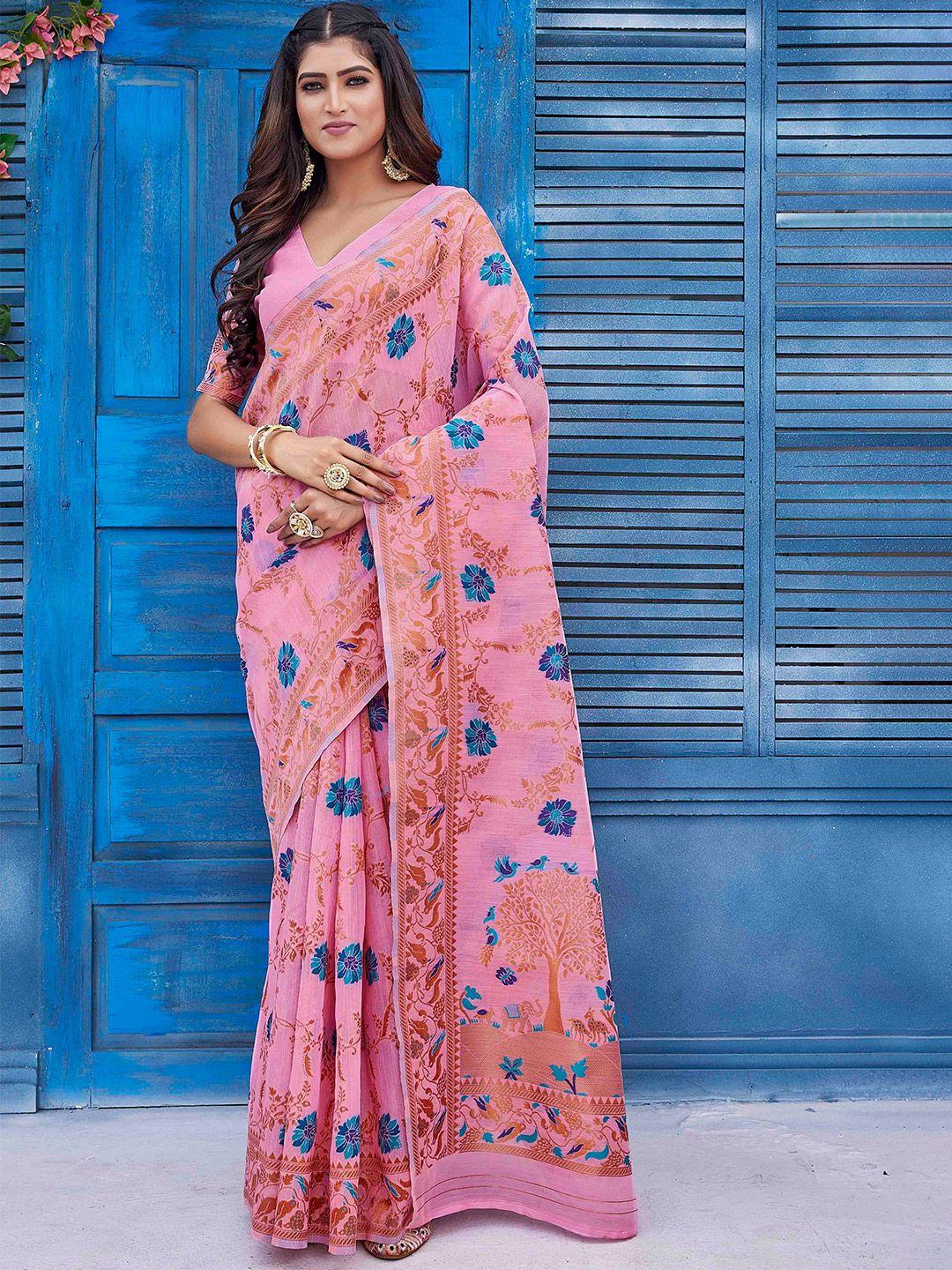 chandbaali pink kalamkari zardozi pure linen handloom kanjeevaram saree