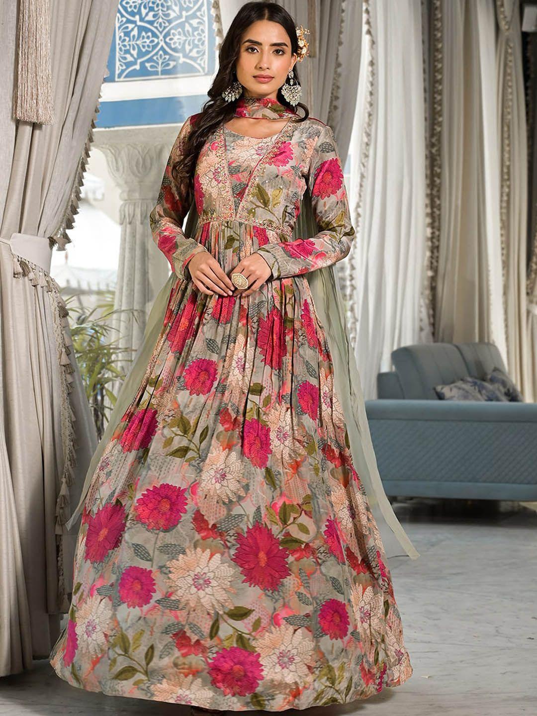 chandbaali printed fit & flared ethnic dresses with dupatta