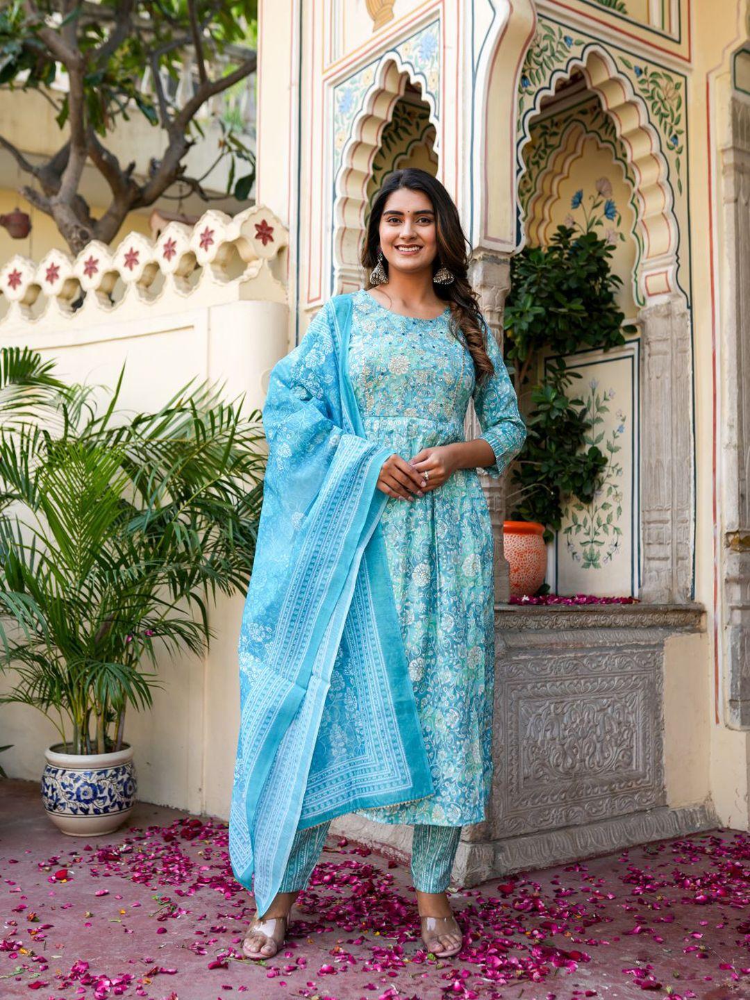 chandbaali round neck floral embroidered empire kurta with trousers & dupatta