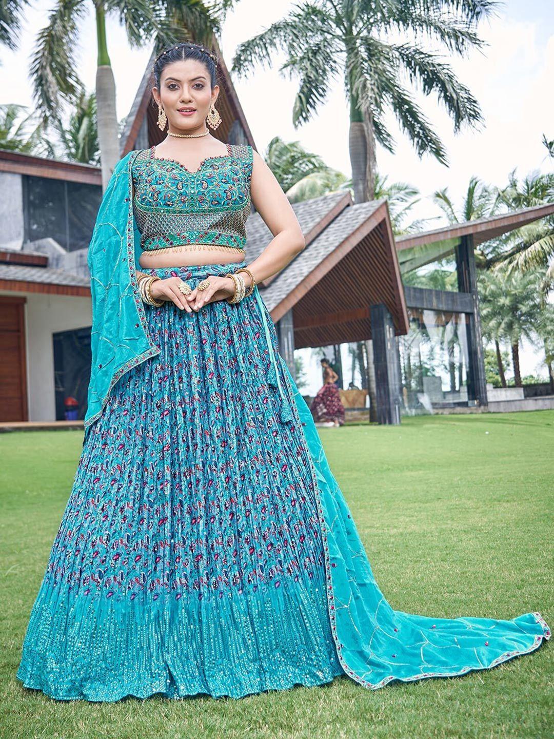 chandbaali sea green & red embroidered mirror work ready to wear lehenga & blouse with dupatta