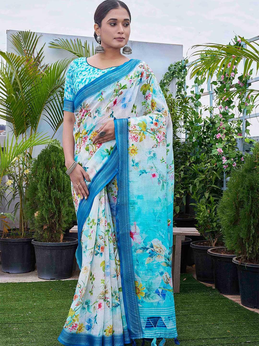 chandbaali white floral zardozi linen blend designer block print saree