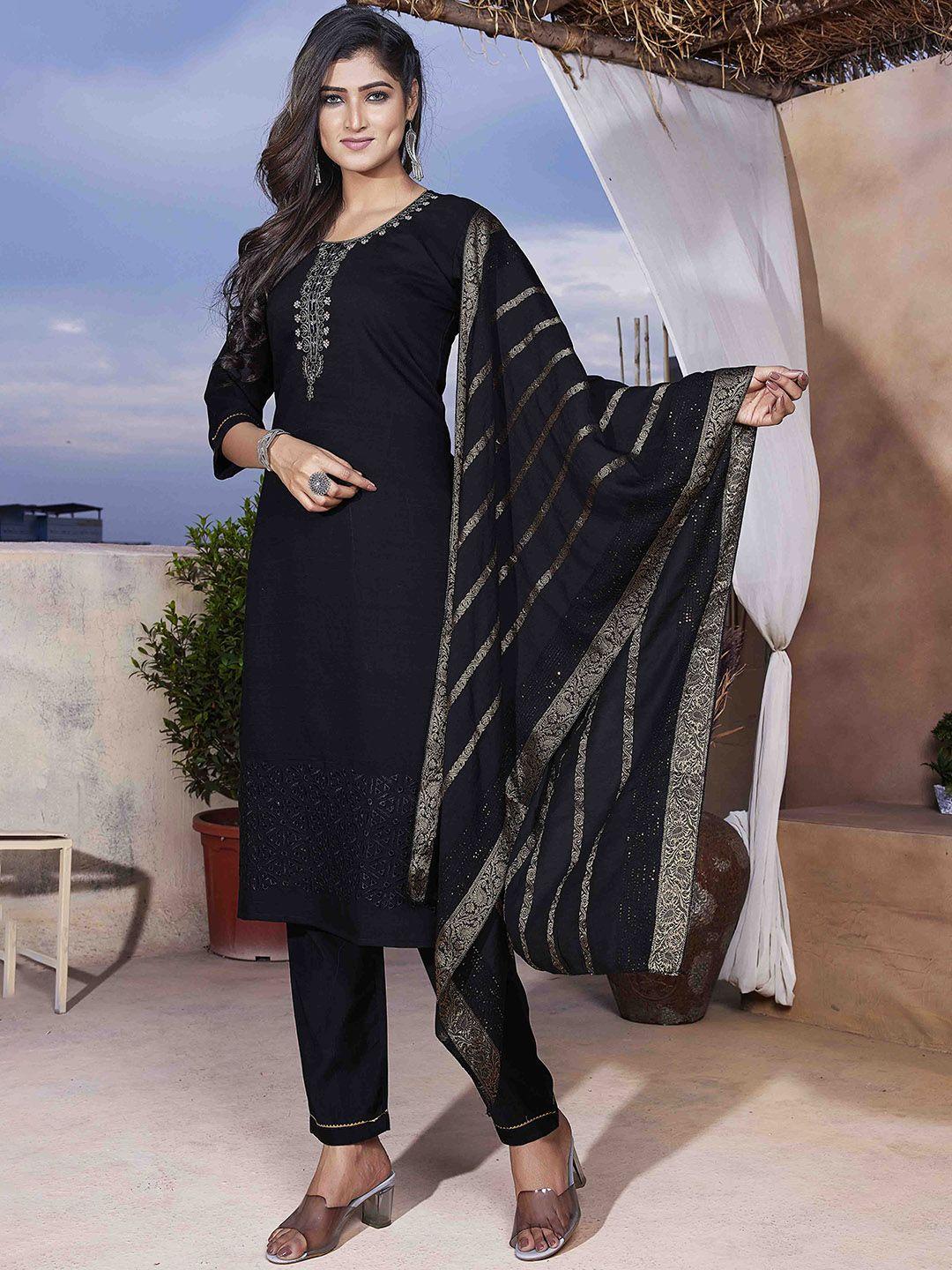 chandbaali women black embroidered regular thread work pure silk kurti with pyjamas & with dupatta