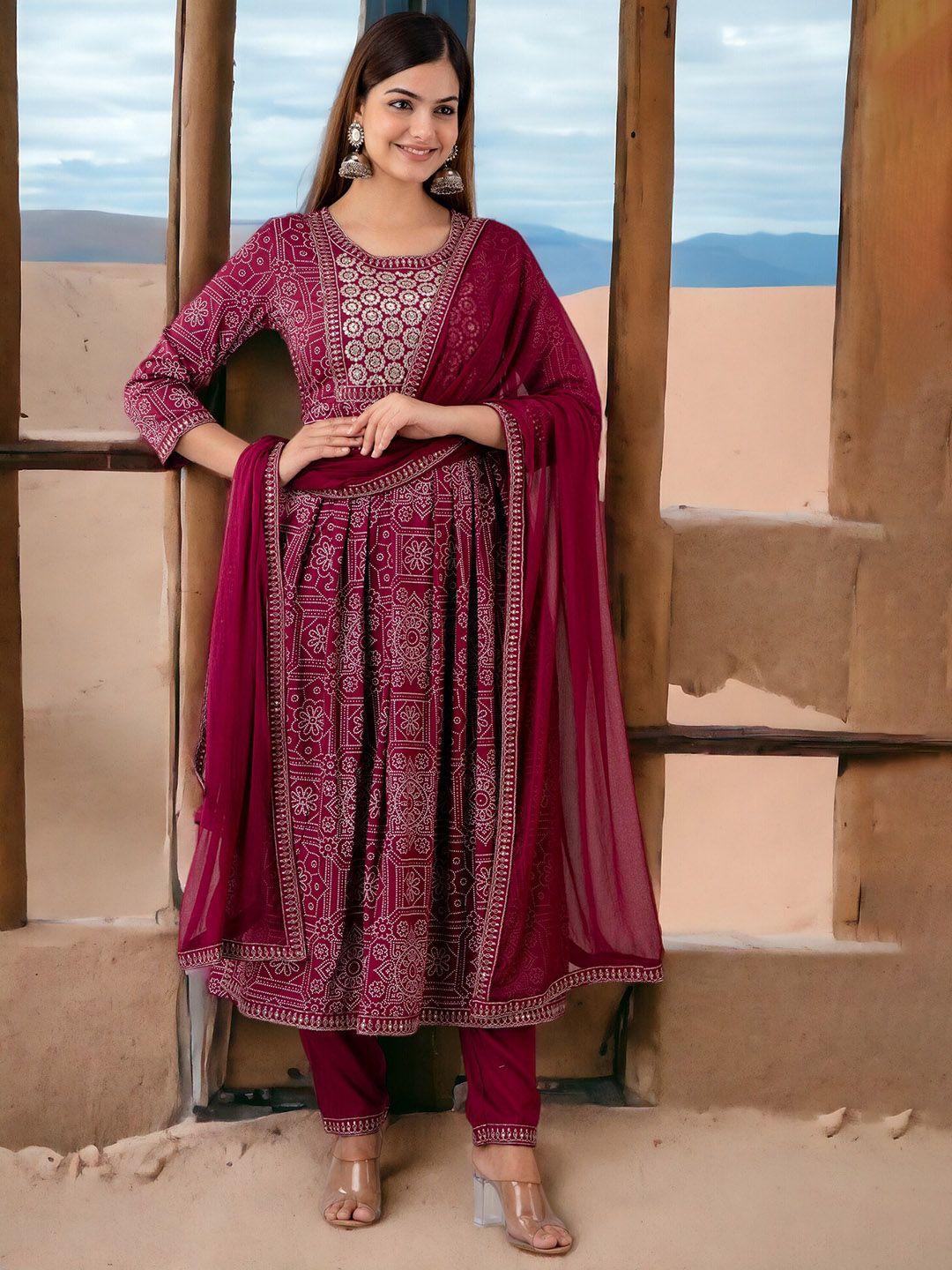 chandbaali women ethnic motifs embroidered pleated thread work kurta with trousers & with dupatta