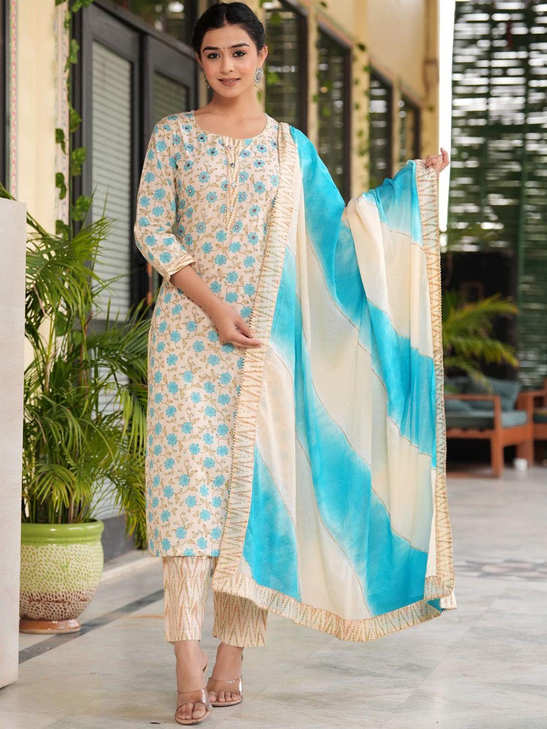 chandbaali women ethnic motifs printed regular gotta patti pure cotton kurta with trousers & with dupatta